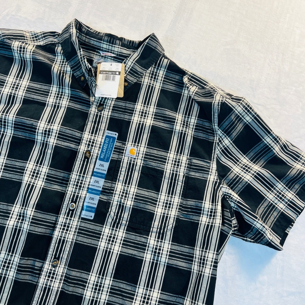 Carhartt Mens Relaxed Fit Plaid Short Sleeve Button Down Shirt Black 103550 2XL